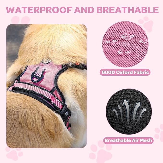 FURRYFECTION Plaid Dog Harness for Large Dogs, Reflective No Pull Adjustable Pet Vest with Front Clip, Leash, Easy Control Handle and Seat Belt, Pink, L