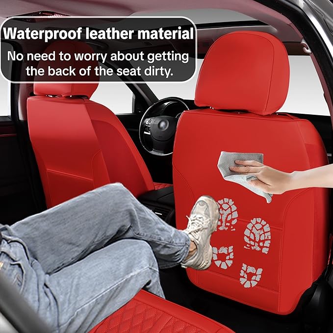 Car Seat Cover Set, Red Seat Covers, Automotive Interior Accessories, with Lumbar Support, Premium Nappa Leather, Waterproof, Protects and Upgrades Your Car Interior, Fits Most Vehicles