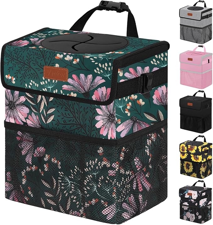3 Gallons Car Trash Can with Lid, Car Trash Bag Bin Hanging Waterproof Automotive Garbage Cans Leak Proof Vehicle Trash Can Navy Floral