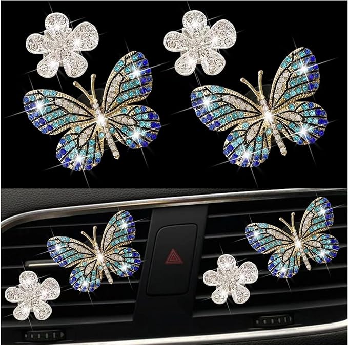 Bling Butterfly Air Vent Clips,4Pcs Blue Crystal Daisy Car Air Fresheners Vent Clips Car Diffuser Vent Clip Rhinestone Diamond Flower Decoration Bling Cars Accessories for Women ，Interior Accessories