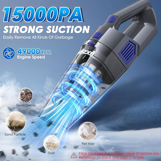 Handheld Vacuum Cordless, 15000PA Strong Suction Hand Held Car Vacuum Cleaner Rechargeable, Portable Hand Vacuum with Multi-Nozzles & Washable Filter for Home Office, Car, Pets