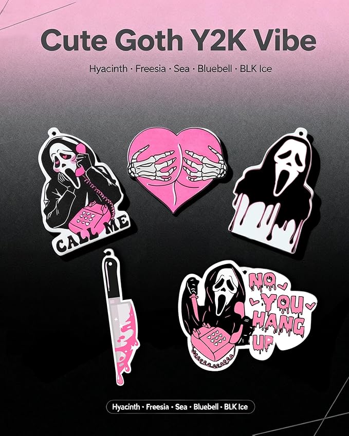 5Pcs Ghost Horror Car Air Fresheners Pink Cute Car Interior Accessories Hanging Scents Anime Freshener Automotive Room Decor for Women Teen Girls Gift