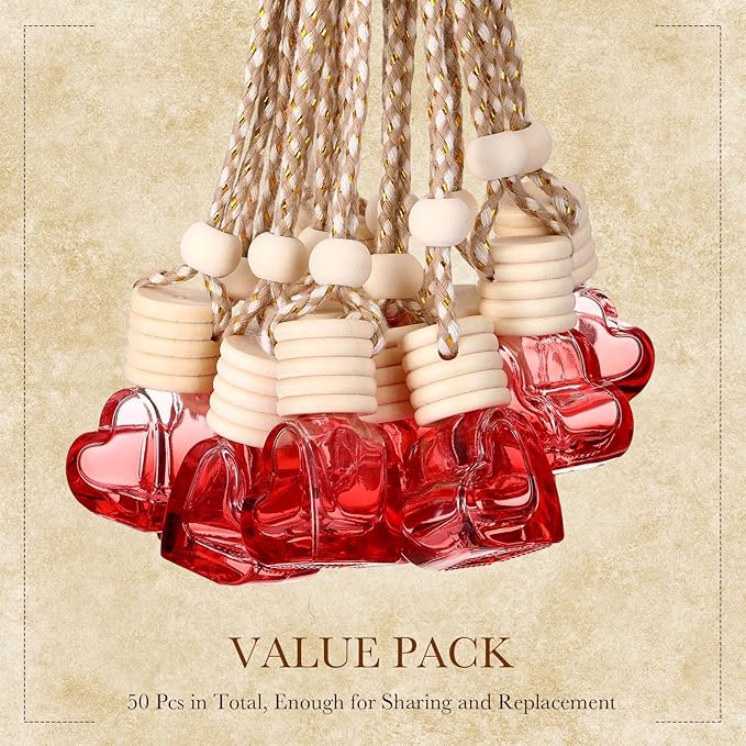 50 Pcs 6ml Hanging Car Diffuser Bottle Empty Glass Perfume Air Freshener Heart Love Bottle Diffuser Pendant Valentine's Day Essential Oil Fragrance Aromatherapy Ornament (Red)