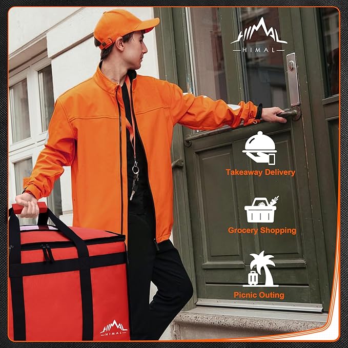 Himal Outdoors Insulated Food Delivery Bag XXXL-23Wx15Hx14D inches Premium Insulated Grocery Bag for HOT/COLD Food Delivery, Fit for Uber Eats, Doordash, Commercial Catering Transportation (Red)