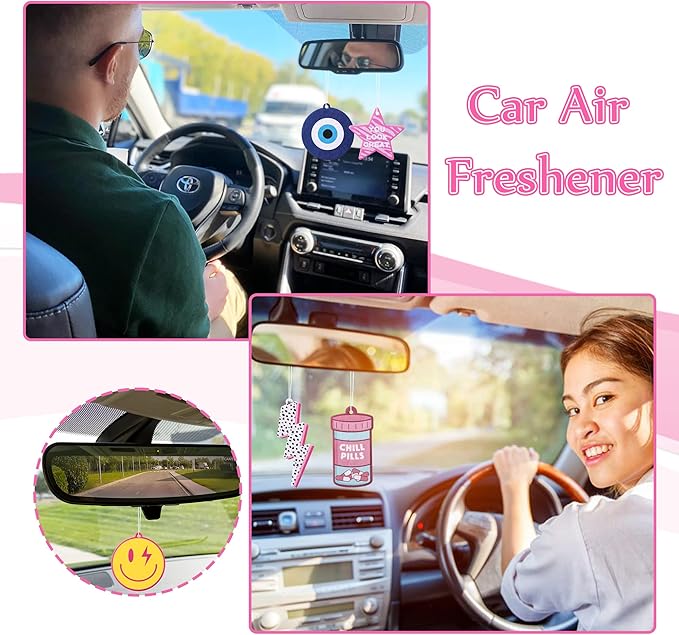 Laffact 12Pcs Preppy Boho Car Air Freshener Lightning Bolt Smile Cow Boots Pink Hat Lip Incense Chip Hanging Slice Essential Oil Pendant Diffuser Scented Decor for Car Interior Accessories Home