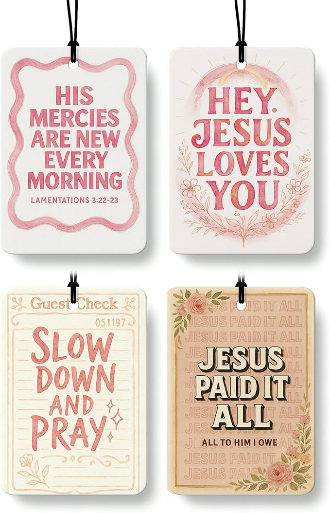 Pink Christian Car Air Freshener 4 Pcs, Inspirational Religious Bible Verse Hanging Air Freshener for Cars Closet Drawer Books, Preppy Christian Car Accessories Mirror Decor for Women