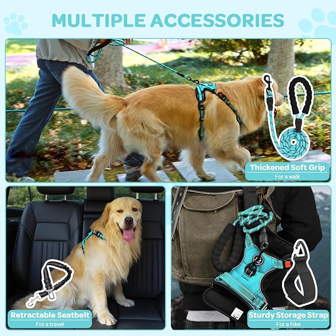 FURRYFECTION Plaid Dog Harness for Medium Dogs, Reflective No Pull Adjustable Pet Vest with Front Clip, Leash, Easy Control Handle and Seat Belt, Turquoise, M