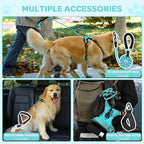 FURRYFECTION Plaid Dog Harness for Large Dogs, Reflective No Pull Adjustable Pet Vest with Front Clip, Leash, Easy Control Handle and Seat Belt, Turquoise, XL