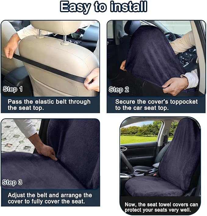 Car Seat Towel Cover, 2pcs Universal Front Seat Protector for Cars, SUVs and Trucks, Sweat Towel Car Seat Cover for Gym, Yoga, Swimming, Pets and Family Travel, Navy