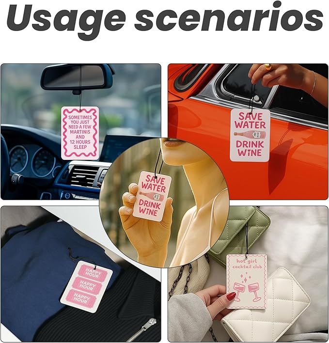 Cute Pink Girly Car Air Freshener 4 Pcs - Trendy Pink Ticket Girl Wine Hanging Air Freshener for Cars Closet Drawer Books, Girly Car Accessories Mirror Decor for Women