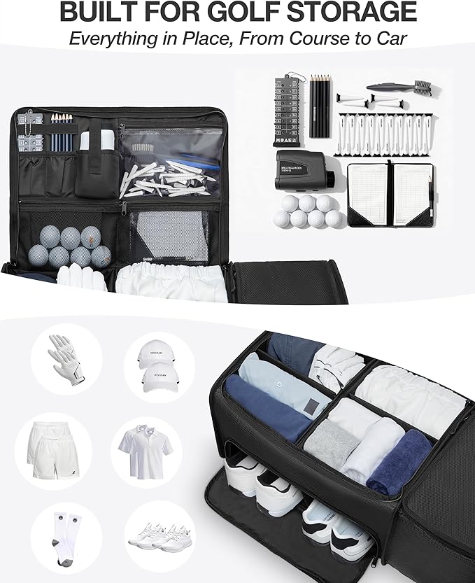 Golf Trunk Organizer with Built-in Hard Frame & Insulated Cooler Compartment, Ventilated Shoe Storage for 2 Pairs(Up to Mens US 11), Car Trunk Locker for Balls, Tees, Polos, Gloves - Black