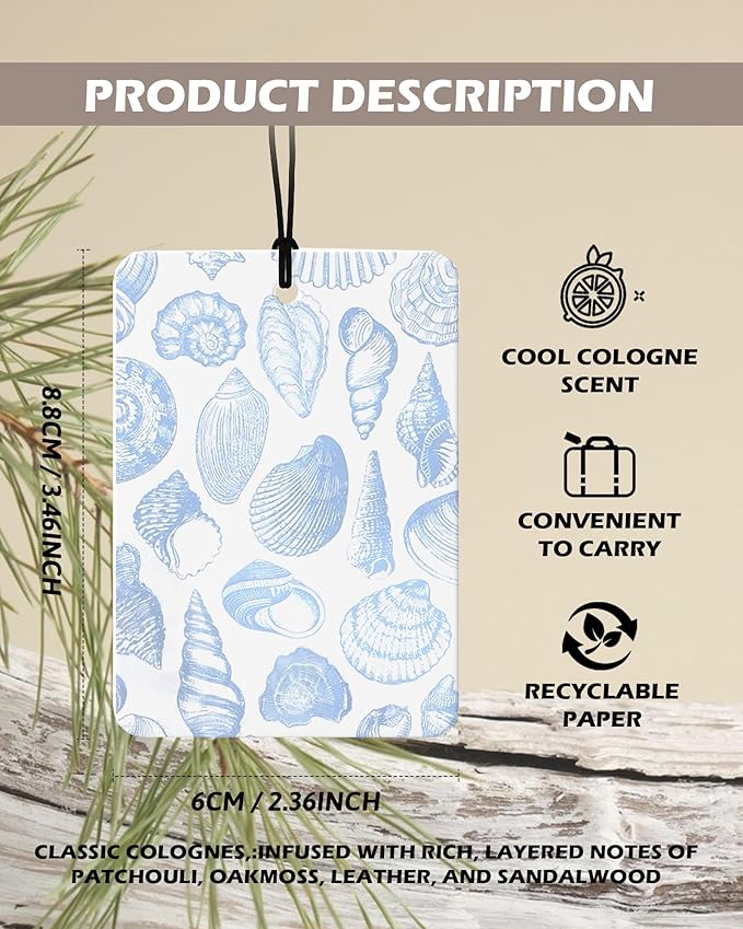 Blue Beach Cologne Car Air Freshener 4 Pcs, Preppy Girly Coastal Beachy Seashell Hanging Air Freshener for Cars Bathroom Dorm Books Decor, Cute Beach Accessories Gifts for Women Girls