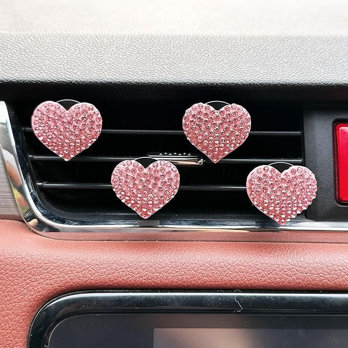 Crystal Heart Car Air Vent Clips, Sparkly Rhinestone Bling Diamond Auto Freshener Holder 4 Pack with Fragrance (Pink, Ocean)