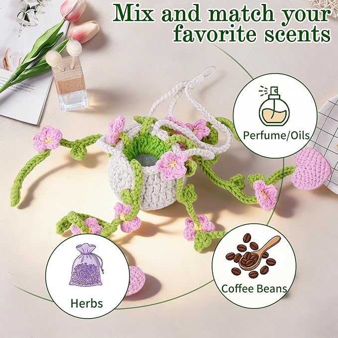 Crochet Car Air Freshener, 8ml Empty Refillable Oil Diffuser Bottle with Hanging Crochet Lightpink Daisies Plant & Hanging Tools, Car Rearview Mirror Diffuser for Wall Art & Home & Office Decoration