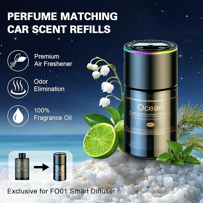 Smart Car Air Freshener Diffuser - 270-Day Long-Lasting Essential Oil 6.09 Fl Oz /180ml, Auto On/Off Sensor, Ultrasonic Dual Modes, Multi-Mode Adjustable, Natural French Fragrance Oils, Ocean Scent