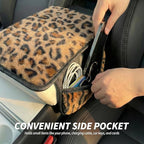 Plush Leopard Print Car Center Console Cover with Side Pockets, Fluffy Armrest Cushion Pad,Soft Cheetah Car Interior Decorations Accessories with Storage for Women,Universal Fit for Vehicles SUV Truck