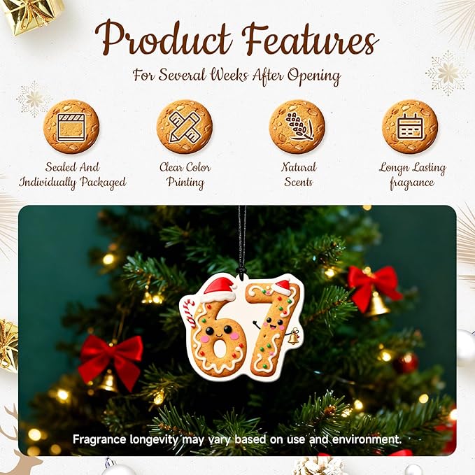 HINFKA 4Pcs 67 Christmas Air Freshener – Customizable Scent Car Ornament with Funny Six Seven Gingerbread Design