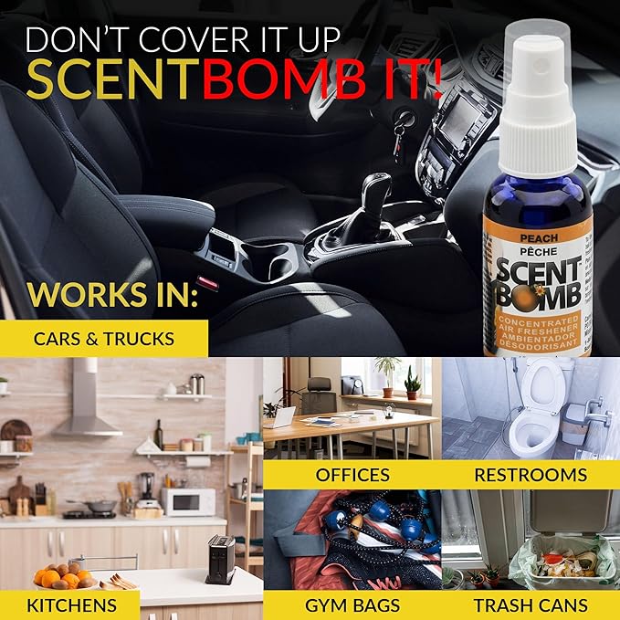 Scent Bomb Air Freshener Spray, Long-Lasting Odor Eliminator - Effective Deodorizer for Home & Car, Fresh Room Spray for Kitchen, Bathroom & Smell Neutralizer - 1 oz Pack of 4, Peach Scent