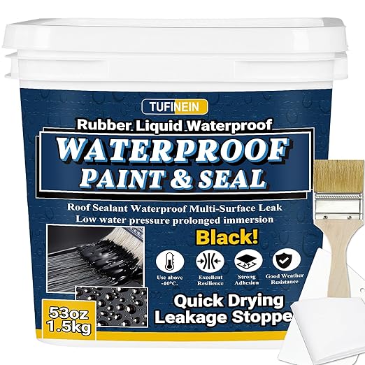 Rubber Liquid Waterproof Sealant, TUFINEIN 53oz/1.5kg Black Quick Drying Multi Surface Foundation Leak Repair - Roof Gutters Basement Sealer Waterproof - Indoor & Outdoor Flexible Rubber Paint