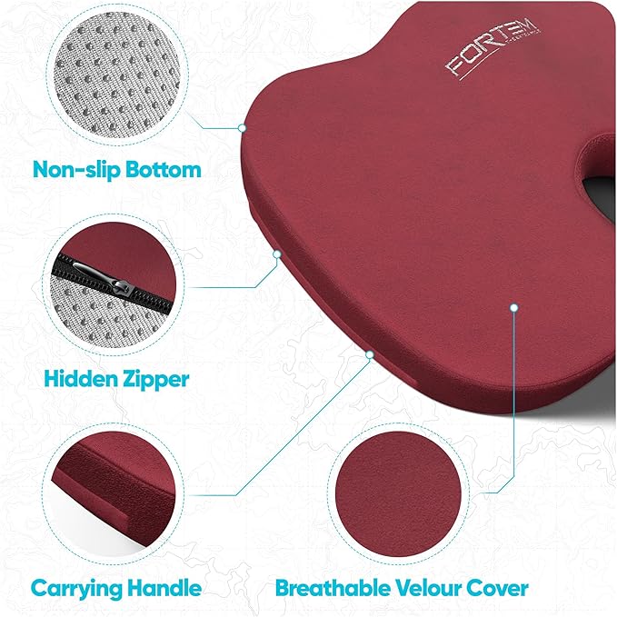 FORTEM Seat Cushion, Office Chair Cushion, Desk Chair Memory Foam, Sciatica Coccyx Tailbone Pain Relief, Pressure Relief, Sitting Pad, for Long Gaming & Sitting, Washable Cover, Non Slip, XL