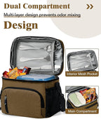 Insulated Lunch Bag for Men & Women, 9L Leakproof Lunch Box Soft Cooler Tote with 5 Pockets, 600D Oxford, EVA Lining, Adjustable Strap for Work, Picnic, Beach&Travel-Coffee