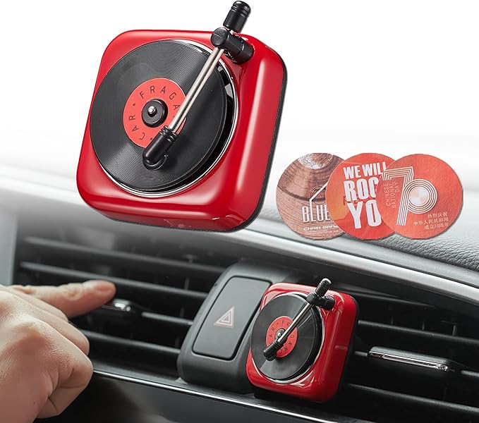 Record Player Car Vent Clips Air Freshener Retro Style Album Cover Car Air Conditioning Outlet Clip Fragrance Diffuser Car Interior Decoration Accessories, Red