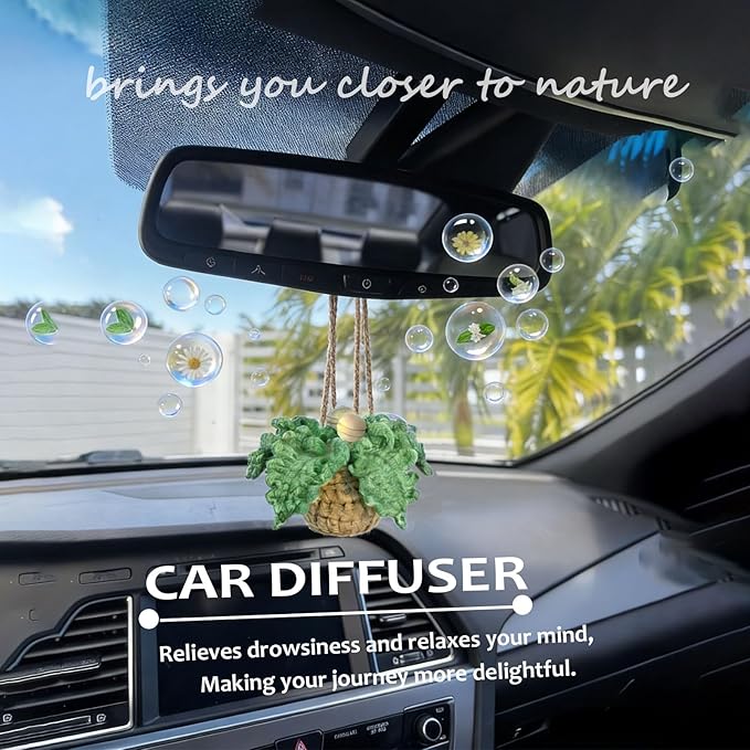 Handmade Crochet Car Air Freshener -Car Hanging Ornament Knitted Boho Plant for Decor,with 8ml Empty Refillable Oil Diffuser Bottle, Rear View Mirror Decoration Accessories