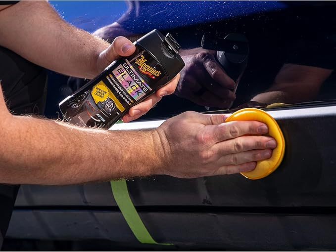Meguiar's Ultimate Black Plastic Restorer, Durable Car Restorer for Faded Black Plastic, Vinyl, and Rubber, Restores Deep Color and Shine, for Car Guys, 12 Oz