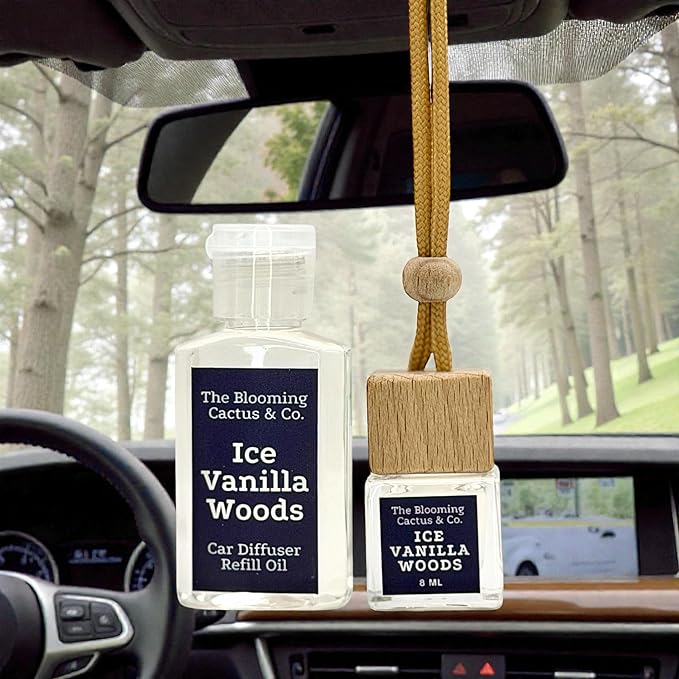 Car Air Freshener, Luxury Car Diffuser with 1 Oz Refill, Phthalate Free Fragrance – Long Lasting Scent | Refillable Hanging Air Freshener for Car, Home, Office | Made in USA (Iced Vanilla Woods)