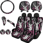 FKELYI Universal Car Seat Covers Set Pink American Flag Camo Deer Hunting Gear Shift Cover/Handbrake Cover/Steering Wheel Cover/Cup Coasters/Headrest Cushion Pads for Women Ladies
