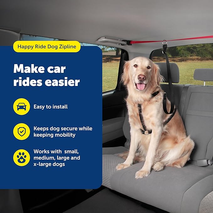 PetSafe Happy Ride Dog Zipline - Secure Backseat Mobility Dog Travel Restraint - Decreases Driver Distraction - Adjustable Strap & Quick-Release Tether Clips - Tool-Free Installation