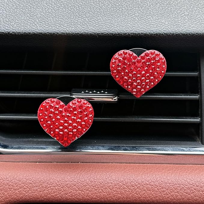 Crystal Heart Car Air Vent Clips, Sparkly Rhinestone Bling Diamond Auto Freshener Holder 4 Pack with Fragrance (Red, Ocean)
