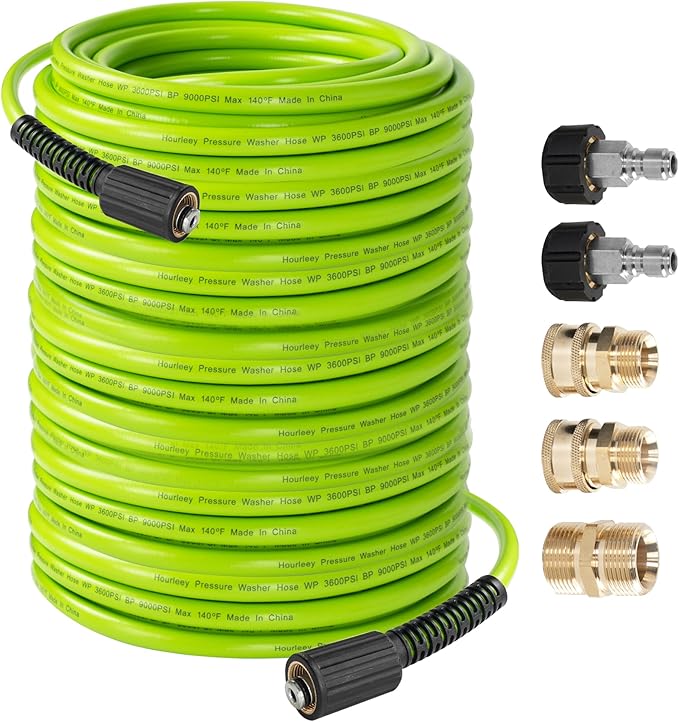 Hourleey Pressure Washer Hose 100 FT, 3600 PSI Flexible Kink Resistant Power Washer Hose Replacement, 1/4" Quick Connect Pressure Hose Extension, Green