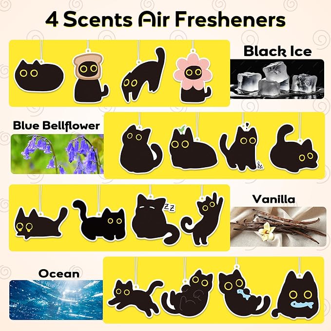 Funny Black Cat Car Air Fresheners - 16Pcs Cute Cartoon Meme Freshener Hanging Ornaments for Women, Kitten Hanging Interior Scent Accessories for Birthday Party Gift Car Mirror Wardrobe Home