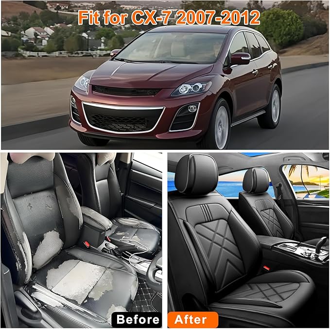 CX-7 Car Seat Covers Custom Fit for Mazda CX-7 2007-2012, Full Coverage Premium Leather Waterproof Breathable Seat Covers, Automotive Seat Protectors, Airbag Compatible(2 Front Seats, Black)