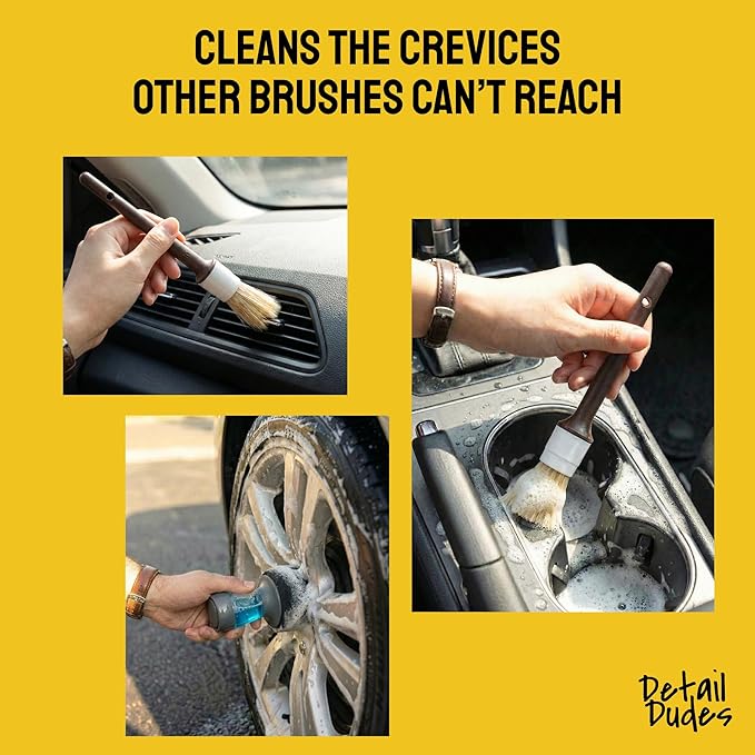 Car Detailing Brush Set 9-pc - Boars Hair Brushes Plus Wheel Cleaner, Tire Brush and Dressing Applicator - Car Cleaning Kit for Leather Seats, Dashboards, Wheels, Grills and Paint