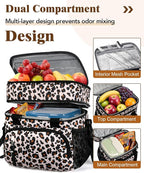 Insulated Lunch Bag for Women, Double Leakproof Lunch Box Soft Cooler Tote with 5 Pockets, 600D Oxford, EVA Lining, Adjustable Strap for Work, Picnic, Beach&Travel-Leopard Print