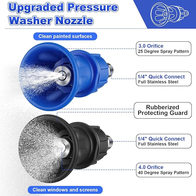 Dreyoo Pressure Washer Nozzle Guard, Durable Stainless Steel Power Washer Tips with Rubberized Protection, 1/4" Male Quick Connect, High Efficiency Cleaning(2 Pack,40/25 Degree with 4.0/3.0 Orifice)