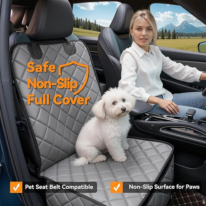 Waterproof Car Front Seat Cover for Dogs, PU Leather Car Seat Protector for Pets,Nonslip Scratchproof Front Passenger seat Covers Fits for Cars, Trucks, SUVs (Grey, Front Seat Cover)