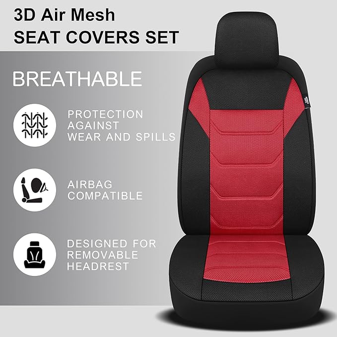 3D Air Mesh Car Seat Cover Full Sets Washable and Breathable Premium Cloth Automotive Vehicle Seat Covers for Cars Interior, Universal Fit for Most Cars, Sedan, Truck, SUV(Black/Red)