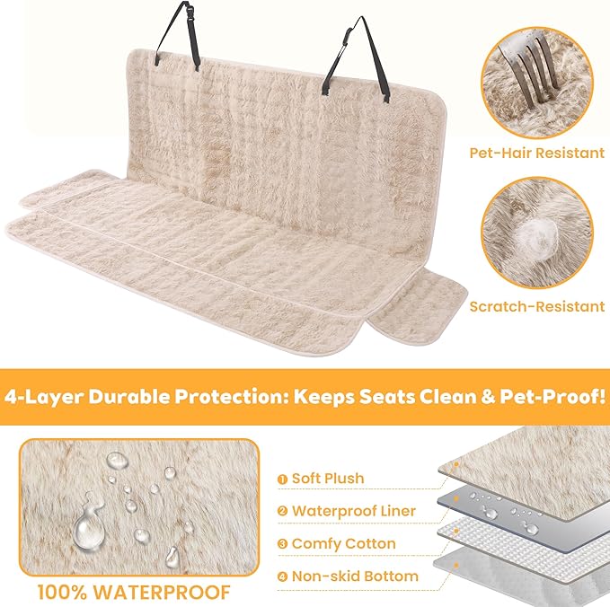 Dog Car Seat Cover for Back Seat & Front Seat, Plush Faux Fur Pet Car Seat Protector with Waterproof Layer, Non-Slip Bottom, Side Flaps, Machine Washable (Back Seat Beige)