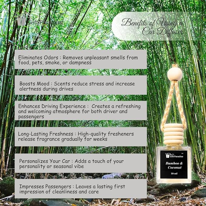 Gift Paradise® Bamboo & Coconut Car Air Freshener – Set of 3 (10 ml Each) – Long-Lasting Hanging Aromatherapy Diffuser for Car, Closet & Office – Clean Spa Scent – Velvet Gift Bag Included