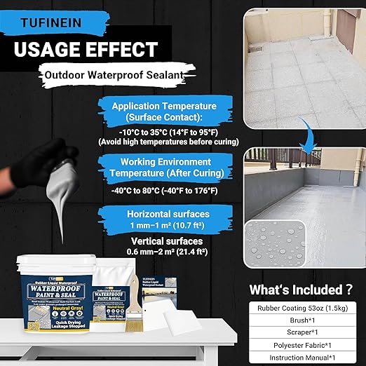 Rubber Liquid Waterproof Sealant, TUFINEIN 53oz/1.5kg Neutral Gray Quick Drying Multi Surface Foundation Leak Repair - Roof Gutters Basement Sealer Waterproof - Indoor & Outdoor Flexible Rubber Paint