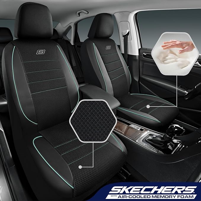Skechers Air-Cooled Memory Foam Seat Cover,Mesh Thick Car Seat Covers,Piping Leather Car Seat Cover,Airbag Compatible,Automotive Comfort for Most Cars, Vans, Trucks, SUV(Mint,Full Set)