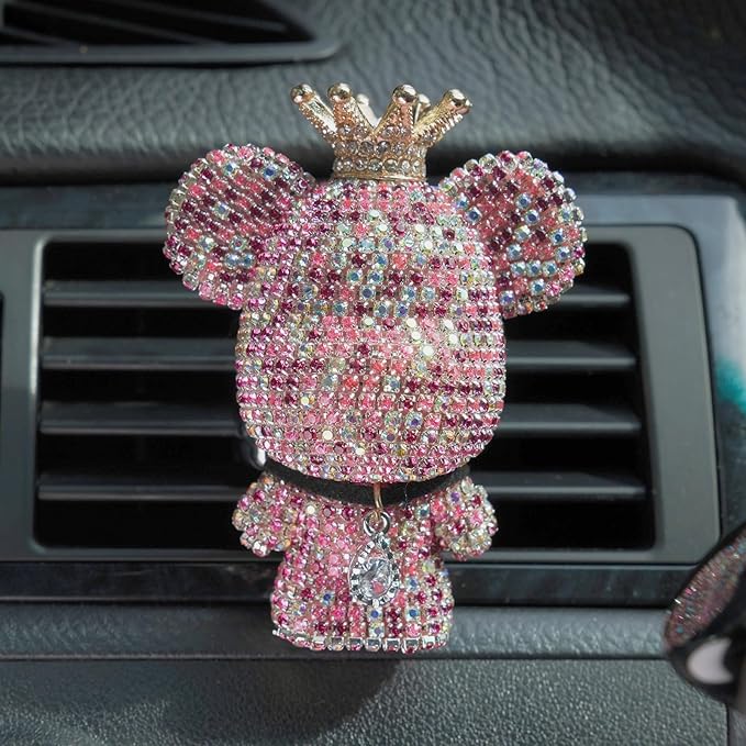 Pink Car Accessories, Bling Crystal Bear Car Air Freshener With Vent Clip,Rhinestone Aesthetic Car Decor Interior Decoration