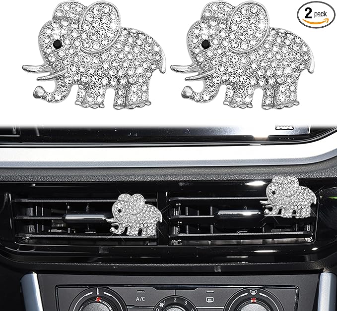 2PCS Car Air Vent Clip, Car Vent Accessories, Crystal Elephant Car Air Fresheners Vent Clips, Rhinestone Air Conditioning Outlet Clip Interior Decoration Universal for Women and Girls (Silver)