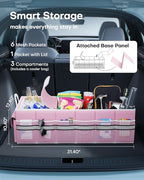 HOTOR Trunk Organizer - Car Organizer with Built-In Leakproof Car Cooler, Collapsible Trunk Organizer with Cooler for Car, SUV, Sedan, with Base Panel (3 Compartments, Pink),31.9"×12.6"×10.6"