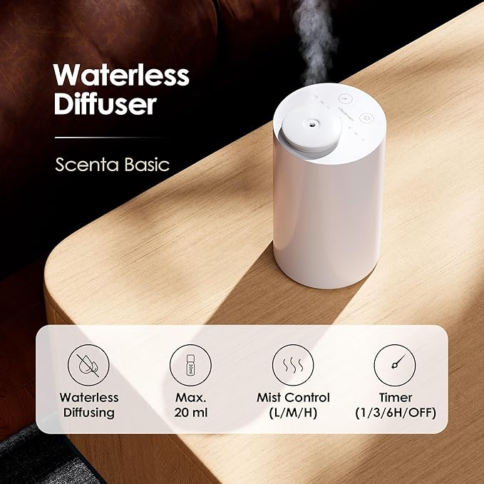 Airversa Waterless Diffuser for Essential Oil, Car Diffsuer, Battery Operated Nebulizer, 0.7 Fl Oz/ 20mL, Mini Scent Air Machine, 3 Timers & 3 Mist Levels for Home, Room, Car, Office - AN6 Black+White
