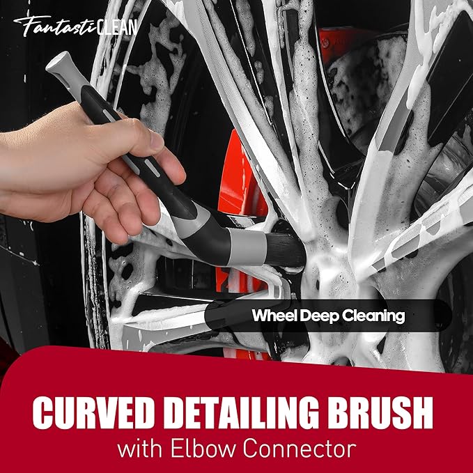 Fantasticlean 7PCS Car Wheel Brush Kit, Tire Brush, Soft-bristled Rim Brush, Chenille Rim Cleaning Tape, Microfiber Bendable Brush, Curved Detailing Brush with Elbow Connector, Detailing Pads