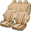 CAR PASS Beige Leather Car Seat Covers, Breathable Waterproof Nappa Automotive Seat Covers Full Set, Anti-Slip Driver Seat Cushion with Backrest Universal Fits SUV Pick-up Truck Sedan, Wood Grain